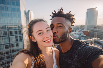 Rooftop Kiss Selfie of Smiling Interracial Couple with Skyscrapers in Background on a Warm and Sunny Afternoon
