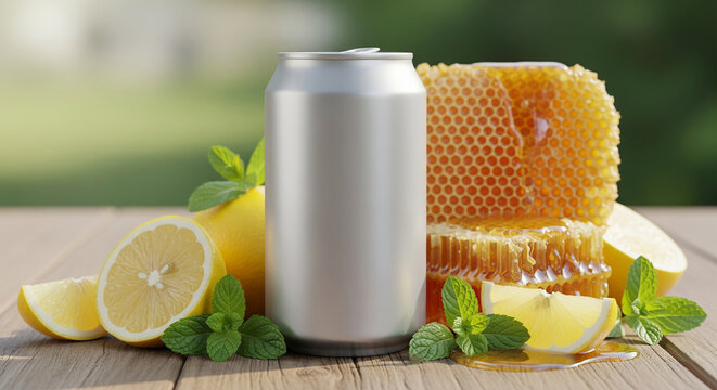A silver aluminum beverage can surrounded by fresh lemons, mint leaves, and golden honeycomb on a wooden table. - Powered by Adobe