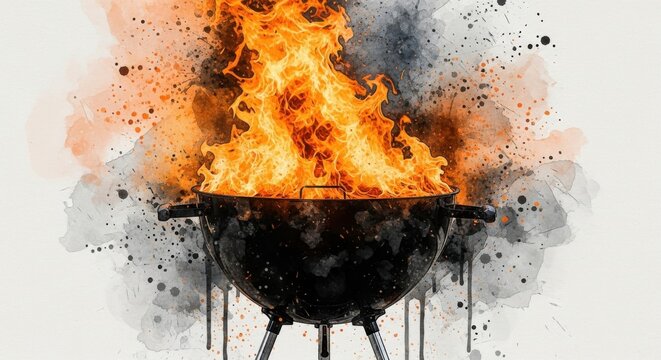 Vibrant watercolor painting of a barbecue grill with intense flames