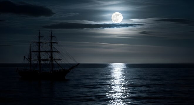 Moonlit voyage a majestic ship sailing under the silvery glow of the moon at night time - Powered by Adobe