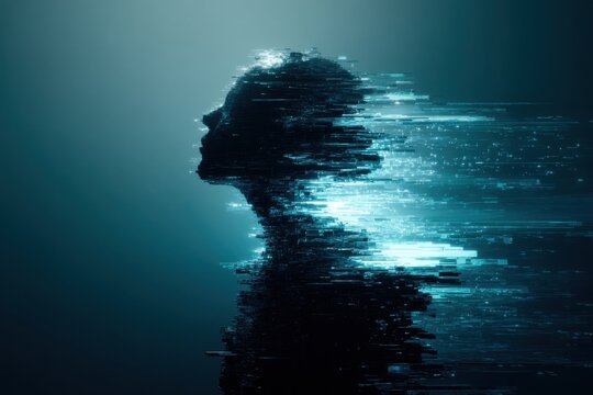 fragmented human silhouette dissolving into digital glitch particles with neon blue light effect, abstract ai coded identity portrait in futuristic machine vision aesthetic