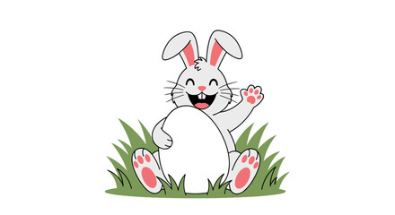 Obraz premium Happy easter bunny sitting in green grass next to a large egg waving hello and smiling joyfully