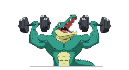 Muscular green alligator demonstrating incredible strength lifting heavy dumbbells for fitness