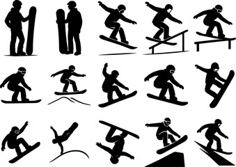 Fototapeta premium Snowboarders Silhouette Collection Minimalist Black and White Vector Illustrations for Winter Sports Posters
