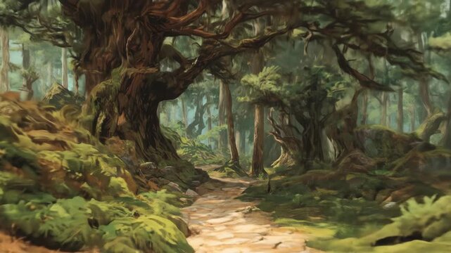 A sun-dappled path winds through a mystical forest, ancient trees draped in moss, their gnarled branches arching overhead, creating a verdant, ethereal atmosphere