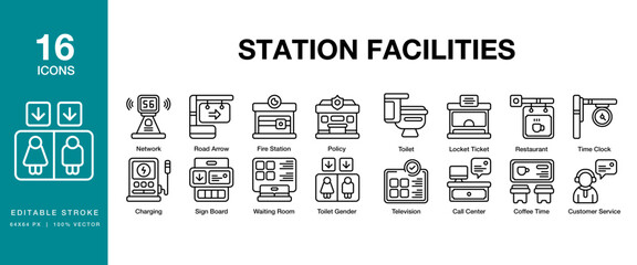 Station Facilities icon set. Includes construction, electric, architecture, parking, and More. Editable Stroke Icon Collection.
