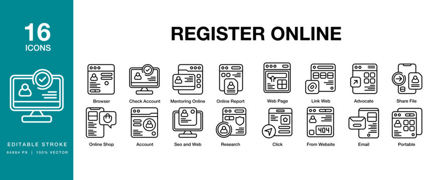 Register Online icon set. Includes application, data, user, registration, and More. Editable Stroke Icon Collection.