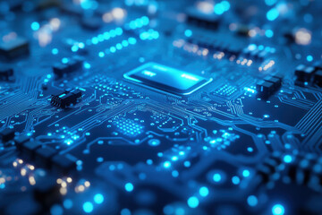 3D processor chip embedded in glowing circuit