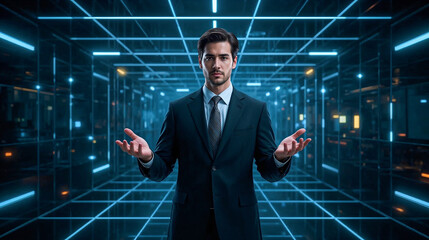 Professional businessman holding something invisible in a high-tech futuristic digital environment with neon grids and glowing lines. Perfect for tech, innovation, and modern business themes.