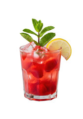 Sparkling glass of vibrant handcrafted strawberry lemonade with muddled berries, artisan ice, fresh mint, and lemon slice, on a minimalist transparent background. Concept of natural refreshment