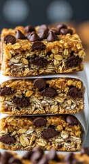 Obraz premium Stacked granola bars with chocolate chips and oats delicious snack tasty treat sweet food yummy dessert 96