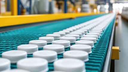 Obraz premium Rows of freshly manufactured products moving along a conveyor belt in a well organized streamlined factory setting ready for efficient distribution and logistics