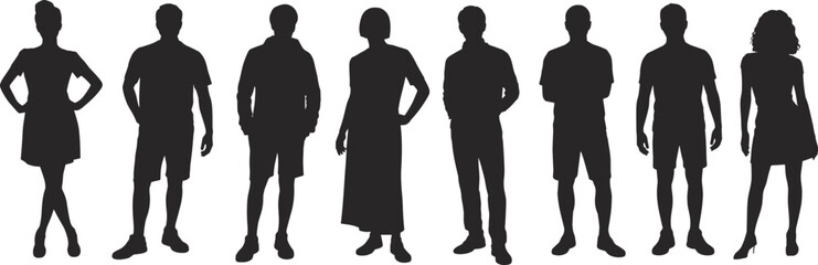 Human silhouettes, diverse poses, fashion styles, standing figures, black vector, casual clothing, dress, shorts, posture, people