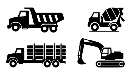 Black and white illustration of a set of icons for special vehicles of a truck, a mixer truck, a logging truck and an excavator in a minimalist style on a white isolated background. Vector graphics. E © Dzianis