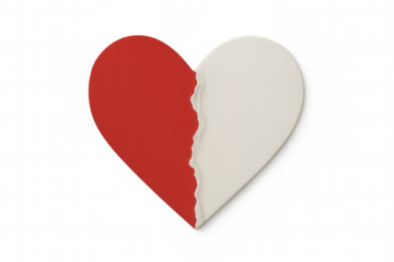 Torn heart split in half showing red and white sides, representing broken love and separation on a transparent background