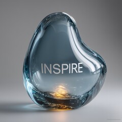 A smooth, abstract glass sculpture with the word 'Inspire' engraved on it, set against a neutral background.