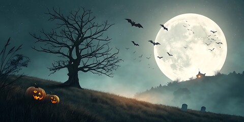 Fototapeta premium A solitary, gnarled tree stands on a hill under a giant full moon, with carved pumpkins in the foreground and bats in the night sky.