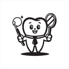 Cheerful tooth character in black and white holding dental mirror and probe.
