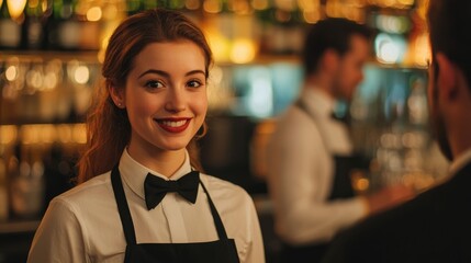 Confident young woman in uniform with bow tie and apron serving customers with a friendly smile at a bustling lively cafe or restaurant interior