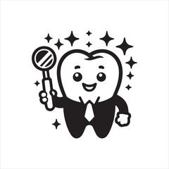 Cartoon Tooth Character in Suit Holding Dental Mirror with Sparkling Stars.
