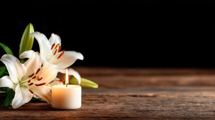 A calming scene with a lit candle beside fresh lilies on a wooden table evokes tranquility and warmth. Perfect for relaxation and mindfulness themes.