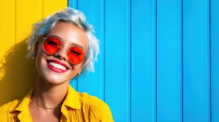 A joyful young woman poses with a bright blue and yellow backdrop, wearing stylish sunglasses during a sunny day, capturing the essence of happiness and carefree vibes.