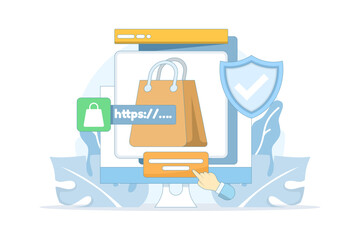 Illustration of secure e-commerce payments. Online shopping website with SSL encryption, safe checkout process, and protected transactions ensuring customer trust and data security.