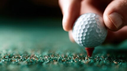 A hand carefully places a golf ball on a tee, ready for a precise shot, showcasing the focus and dedication required in the sport of golf, ideal for enthusiasts.