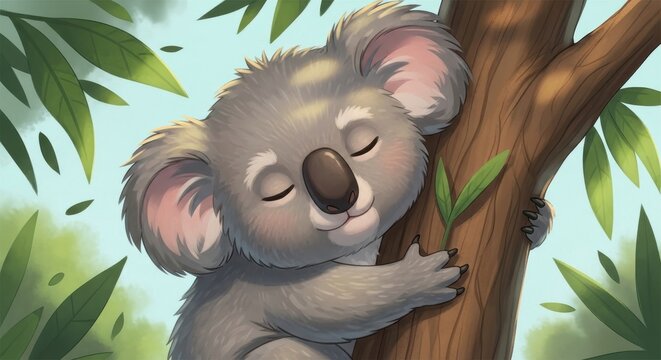 Adorable baby koala sleeping peacefully in a tree