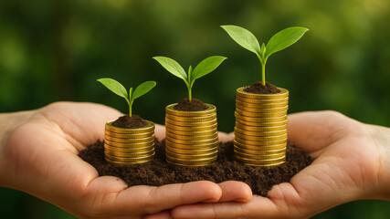 Mindful finance concept with hands holding soil and coin stacks growing green plants together