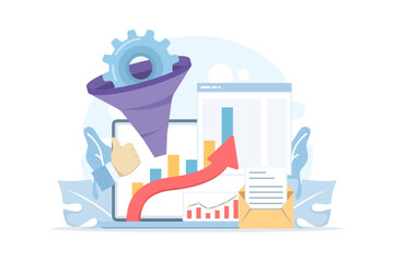 Conversion rate optimization in digital marketing with sales funnel illustration. Lead generation and sales conversion process shown in flat vector design for landing page template with icons.