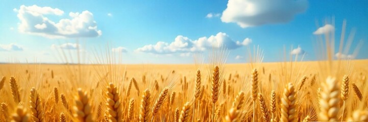 Naklejka premium Golden Barley and Wheat Swaying Gently in Summer Breeze, Breathtaking Amber and Gold Field Under Vast Blue Sky. Perfect for Harvest, Agriculture, and Nature Themes.