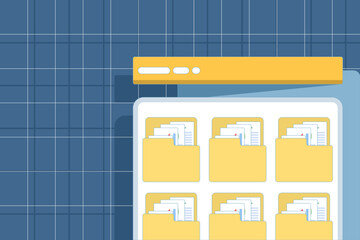 Flat vector illustration of desktop interface with open file folder. Yellow folder icon containing paper documents and correspondence, representing organized files and office workflow.