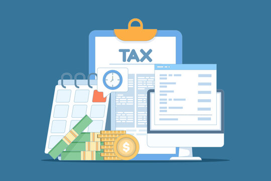 Flat vector illustration of tax payment concept. Income and business tax documents, finance and accounting consultation, revenue management, and tax filing for corporate and personal finance. - Powered by Adobe