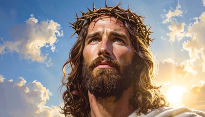 Jesus Christ, crown of thorns, looking upward