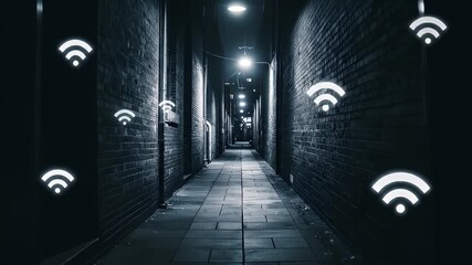 Dark, narrow alleyway lined with brick buildings and streetlights, overlaid with WiFi signals