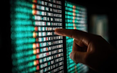 A hand points to data on multiple screens displaying binary code
