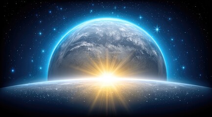 Earth rising, sunburst in space