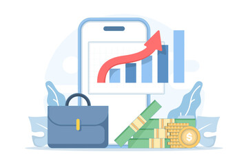 Illustration of finance and investment concept. trading stocks, studying financial charts, and reviewing market news data, symbolizing stock trading and economic growth analysis.