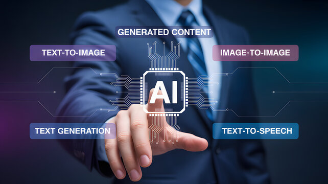 Futuristic ai technology touching point, showcasing text to image and speech capabilities, content generation