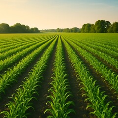 Vast green agricultural field with rows of young corn plants stretching towards the horizon at sunset