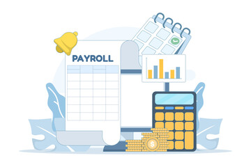illustration of payroll system and salary management. Concept of office accounting, employee payment schedule, and digital computer for online payroll administration.