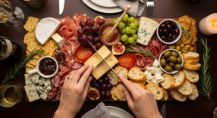 A beautifully arranged charcuterie board filled with an assortment of cheeses, meats, fruits, and crackers, ready for a gathering.