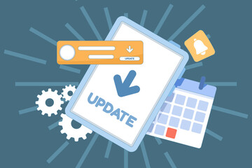 Flat vector illustration of mobile app update concept. Software enhancements with new features, bug fixes, refreshed UI, and optimized push notifications for better performance.