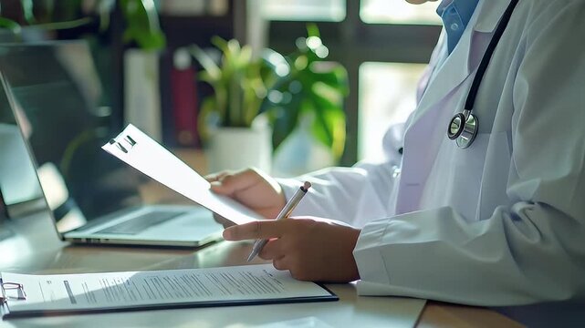 A doctor in a white coat reviews paperwork at a desk with a laptop in the background