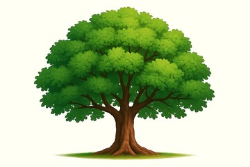 Vibrant green leafy tree with thick trunk and root system on white background