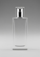 A clear, elegant, and minimalist glass perfume bottle with a silver cap, a perfect, luxurious mockup for a fragrance brand on a simple gray background.