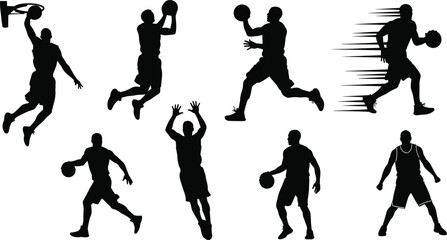 Silhouettes of basketball players in dynamic action poses, vector sports illustration for fitness, competition, slam dunk and training concept.