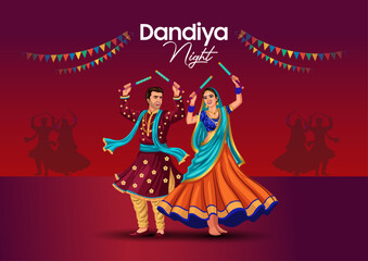 Garba Night poster for Navratri Dussehra festival of India. vector illustration design of peoples playing Dandiya dance.