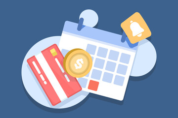 Monthly subscription fee concept with calendar. Regular member payments scheduled on due dates. Illustration of recurring billing, registered user subscription, and auto payment reminder.